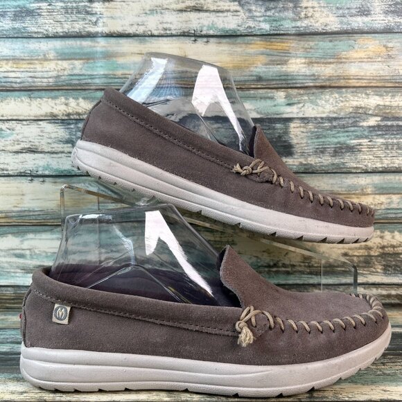 Minnetonka Shoes - Minnetonka Womens 6.5 Flats Gray Suede Slip On Loafers Stitched Moc Toe Shoes
